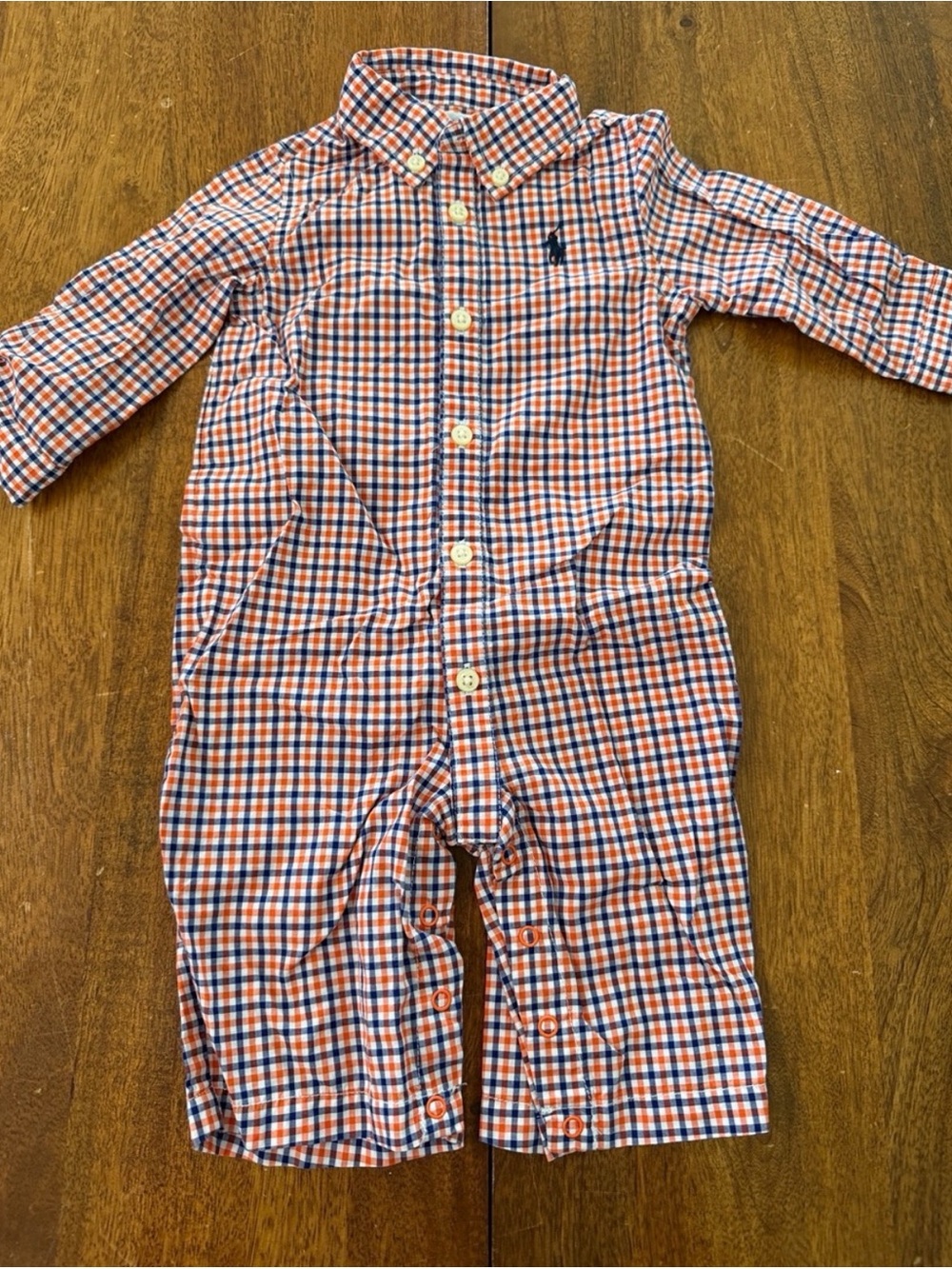Ralph Lauren Orange & Navy Plaid Button Down Shirt One Piece 3 months